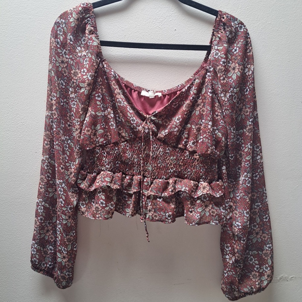 Ultra Flirt Floral Smocked Crop Top Long Sleeve Rust Multi RW326001 Womens Large